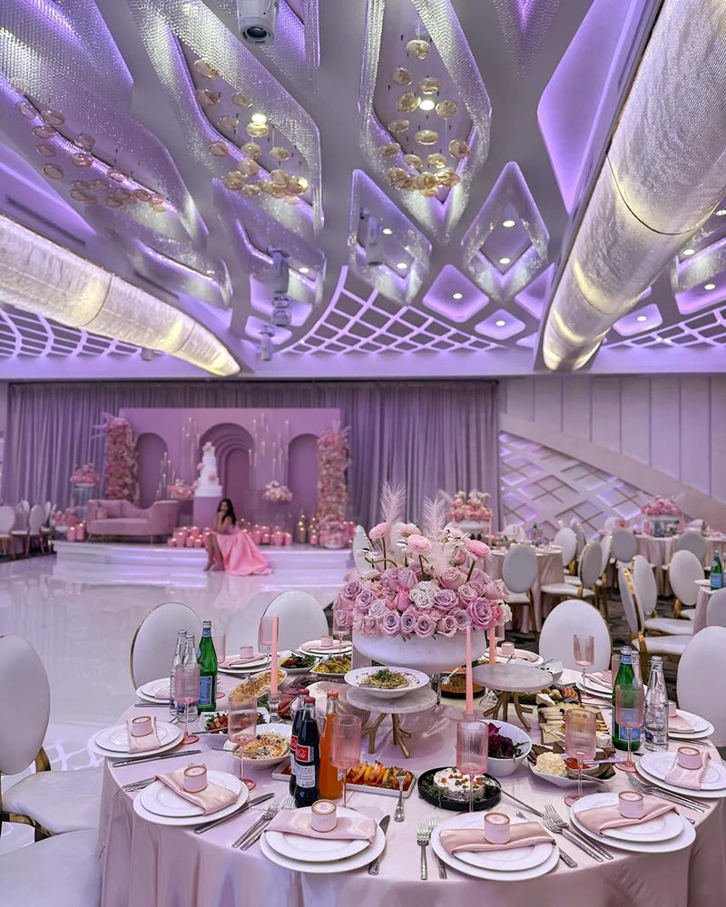 Pink quinceañera celebration in the Grand White Ballroom at Avana Venue in Los Angeles