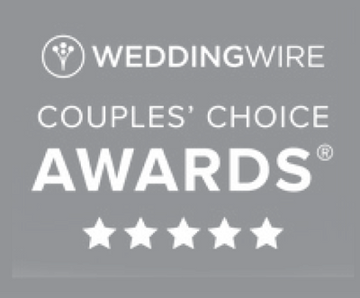 Gray WeddingWire Couples’ Choice Awards badge featuring five white stars underneath the text, indicating a top rating or achievement.